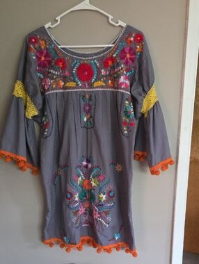 Embroidered Boho Dress with Colorful Floral Details